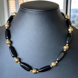 Vintage NAPIER Black Acrylic & Gold Tone Metal Accents Necklace Signed 16”L
